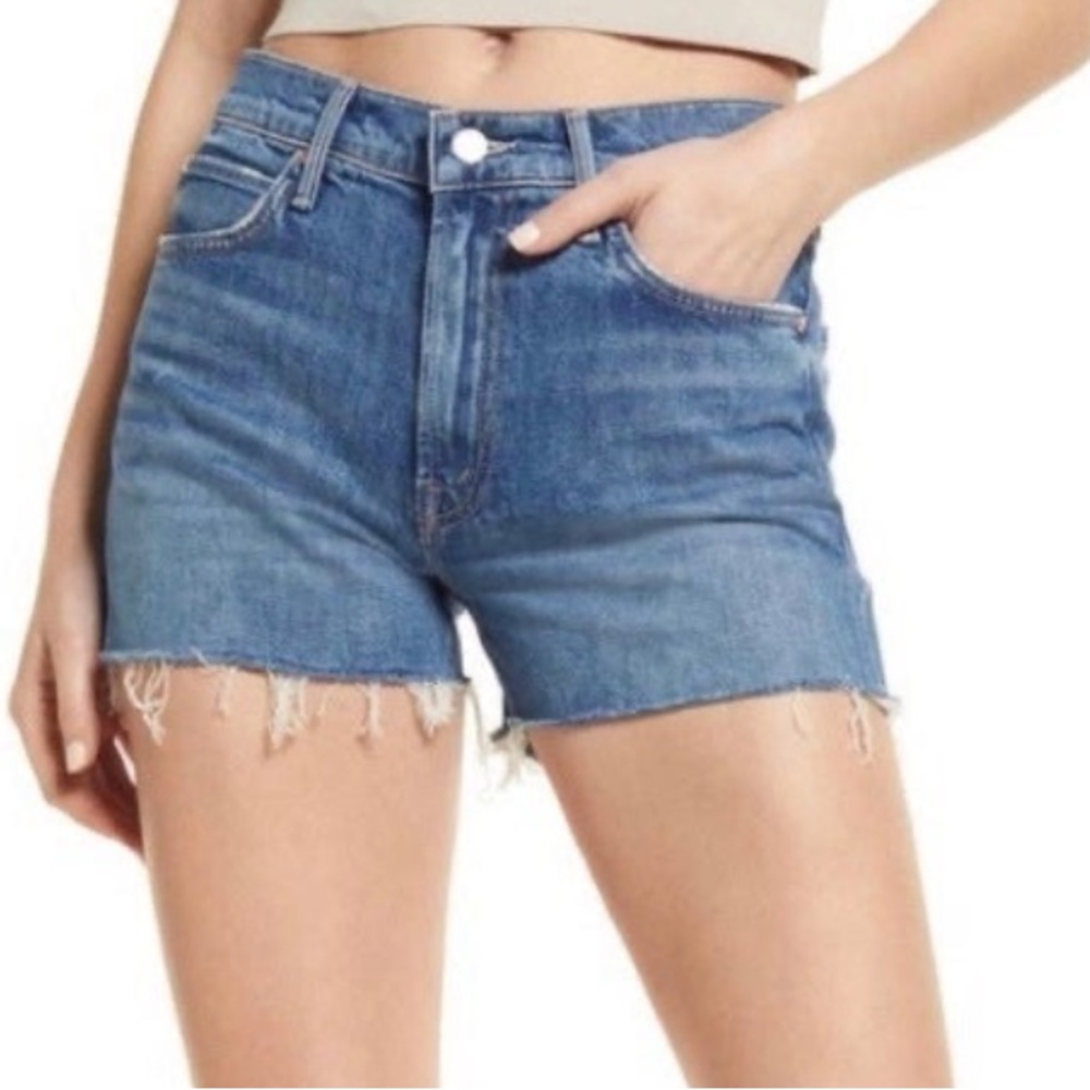 MOTHER Blue High-Rise Frayed Hem Jean Shorts